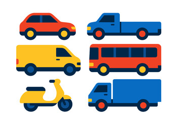 Colorful flat icons depicting various modes of road transportation like car, truck, bus, and scooter