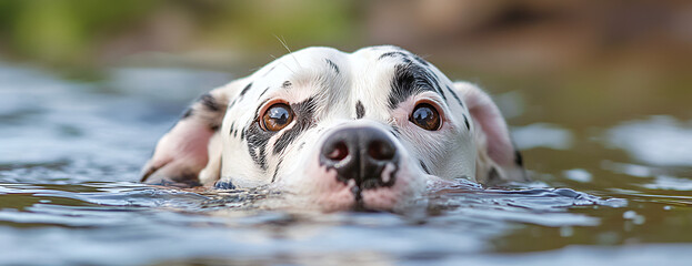 Curious Dalmatian dog swims in water, happy and playful
