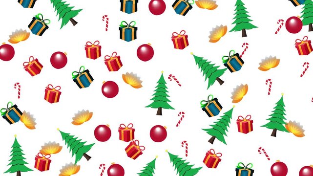 Colorful looping doodle animation with holiday icons including trees, presents, ornaments, and candy canes. Perfect for Christmas greetings, festive motion graphics, and winter video backgrounds.