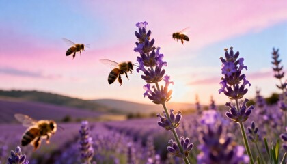 Bees flying over a lavender field at sunset with purple sky and golden sun