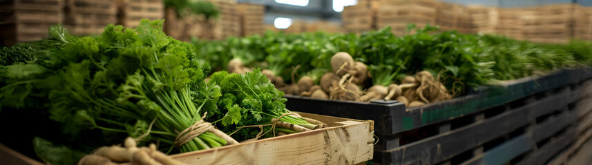 Parsley harvested in wooden boxes in a warehouse. Natural organic fruit abundance. Healthy and natural food storing and shipping concept.