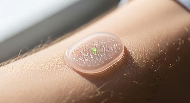 Electronic Skin Patch on Human Arm with Green Indicator Light in Bright Lighting