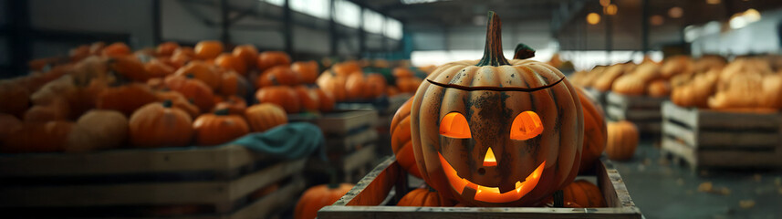 Shining carved Halloween pumpkins harvested in wooden boxes in a warehouse.