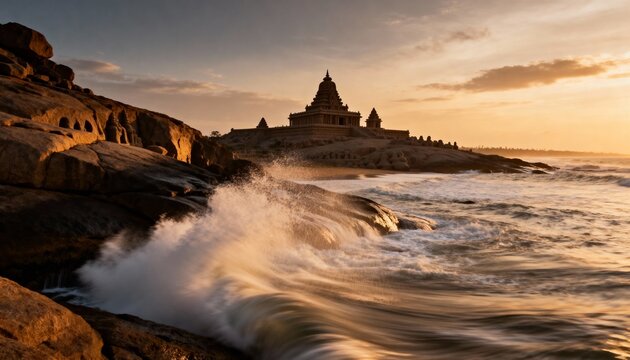 Dramatic sunset illuminates the historic shore temple at mahabalipuram, india, with crashing waves in the foreground