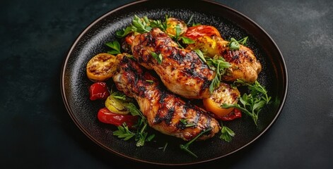 Grilled chicken served with fresh vegetables and herbs on a dark plate- highlighting a healthy and flavorful meal.