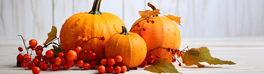 Still life with orange pumpkins, red bauble branches and autumn leaves on white wooden desk and background.