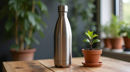A stainless steel water bottle stands on a wooden table beside a small potted plant. Minimal indoor close up.
