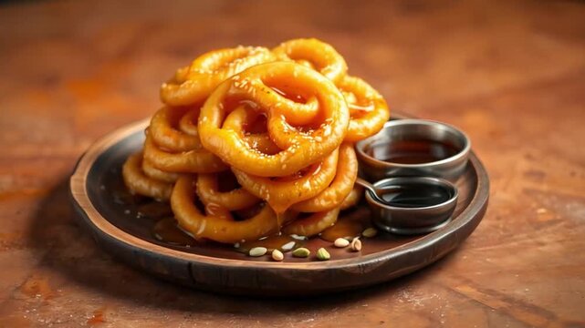 Golden crispy Indian sweet jalebi stacked on a plate glistens with sugar syrup, showcasing its rich texture and delicious aroma. Perfectly fried dessert capturing the essence of traditional sweets