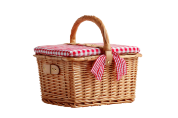 Square wicker picnic basket with red gingham lid