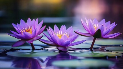 Beautiful purple water lilies in bloom- floating gracefully on a pond- with green lily pads in the background.
