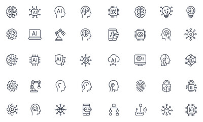Artificial intelligence icons set featuring digital brain, AI technology, robotics, automation, data network, cloud computing, machine learning, innovation, circuit, human cognition, futuristic vector