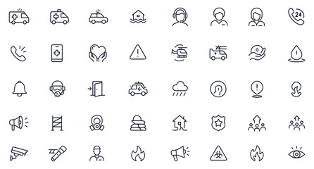 Emergency and disaster icon collection, featuring ambulance, firetruck, police car, hospital, rescue team, first aid, alert siren, water damage, accident, medical care, safety, alarm, response, crisis