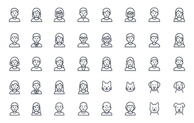 Avatar and pet line icons set, editable stroke vector illustration, modern people profile symbols for social media, identity, user face, animal, cat, dog, communication, character design, flat icon