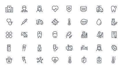 Medical hospital line icon collection for doctor, nurse, health care, treatment, surgery, vaccination, emergency, clinic, medicine, stethoscope, ambulance, virus, injection, therapy, diagnosis