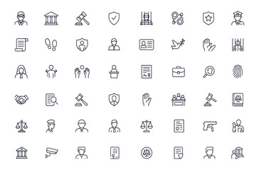 Justice and law icon collection with lawyer, judge, court, crime, defense, police, investigation, fingerprint, balance, legal aid, punishment, peace, contract, document, vector, illustration
