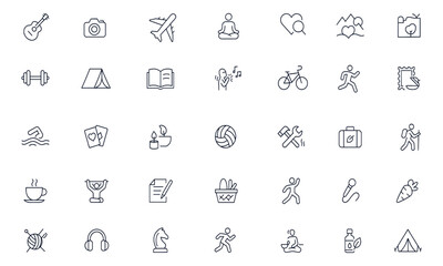Hobby and lifestyle icon set featuring music, travel, sports, health, outdoor fitness, camping, photography, reading, dancing, yoga, aromatherapy, and DIY recreation activities, vector illustration