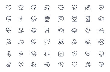 Heart icon set for love, care, charity, donation, support, kindness, volunteers, friendship, relationship, compassion, romance, wedding, empathy, affection, community, happiness, vector