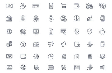 Money and finance icon set featuring mobile payments, credit cards, banking tools, investment, savings, ATM, shopping cart, cash, piggy bank, wallet, currency, trade, budget, vector, illustration