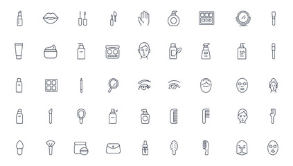Makeup and cosmetics line icon set, editable stroke vector illustration of beauty tools, skincare products, brushes, lipstick, nail polish, perfume, fashion care, glamour, style, personal grooming