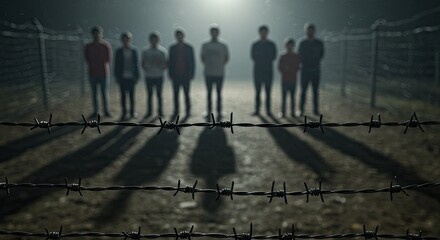 Silhouetted figures stand behind barbed wire fence in dramatic low light conveying themes of confinement, struggle, and hope for freedom.