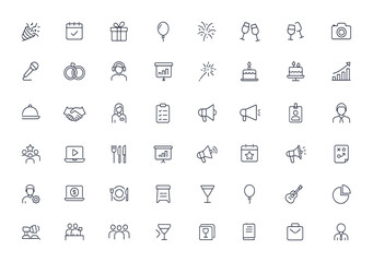 Event planning and management line icons, editable stroke symbols for wedding, birthday, anniversary, party, seminar, workshop, celebration, invitation, calendar, gift, balloon, ticket, volunteer,