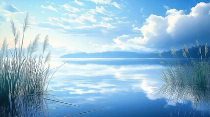 Serene lake with reeds reflecting in calm water- with a beautiful blue sky and soft clouds- creating a tranquil atmosphere.