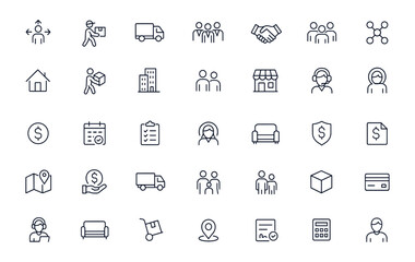Moving and Transport Linear Icons, Editable Vector Illustration for Business, Traders, Customer Service, Networking, Corporation, Rental, Packaging, Property, Furniture, Payment, Checklist, and More