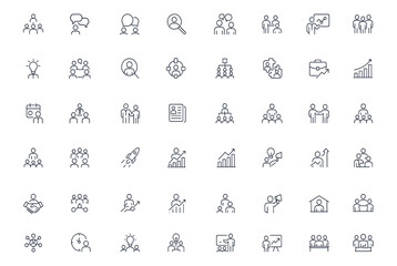 Business leadership and communication icon set for teamwork, meeting, and cooperation concepts, editable stroke vector illustration for corporate management, success, partnership, consultant,