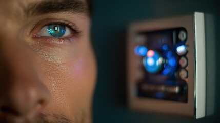 Medium shot of a user scanning their eye on a futuristic biometric entry device showcasing advanced iris recognition technology for secure access control.