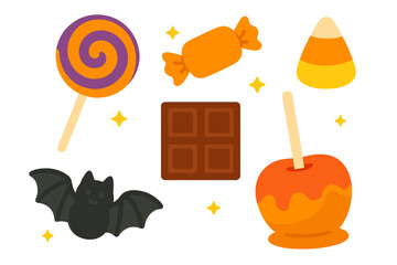 Flat style Halloween treats set including candy corn lollipop and bat
