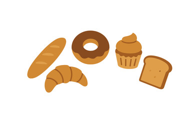 Group of popular baked goods including croissant, donut, and baguette