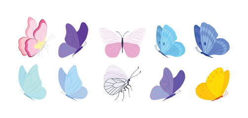 Butterfly collection. Colorful illustration. Butterflies clipart set. Baby shower design elements. Party invitation, birthday celebration. Spring, summer decoration. Pink yellow red flowers