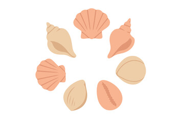 Assortment of various seashells arranged in a decorative circular frame border