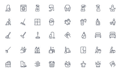 Housekeeping and housework icon set with vacuum cleaner, washing machine, cleaning spray, furniture, kitchen tools, bathroom equipment, window, apron, and more, editable vector illustration
