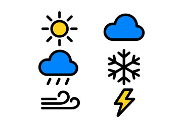 Six colorful weather forecast symbols: sun, cloud, rain, snow, wind, lightning