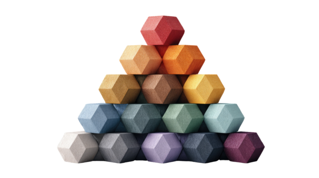 Colorful hexagonal blocks stacked in a triangle