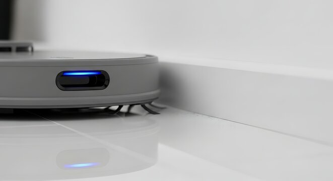 Robotic Vacuum Cleaner Moving Along White Floor Near Wall in Modern Minimalist Home