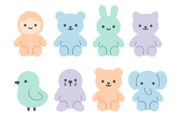 Cute minimalist baby animals and human figure collection in soft pastel colors