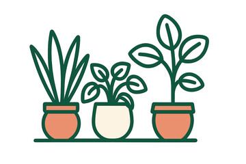 Obraz premium Three potted houseplants lined up on a shelf featuring various green foliage and terracotta pots