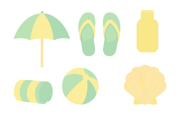 Summer vacation essentials collection featuring beach umbrella, flip flops, sunscreen, and seashell