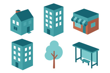 Fototapeta premium Isometric city buildings set featuring residential house, commercial shop, tree, and bus stop shelter