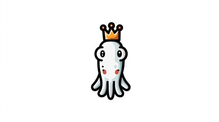 Fototapeta premium Cartoon squid character wearing a golden crown on white background
