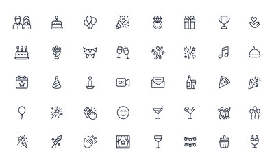 Celebration line icons set for wedding, birthday, party, award, engagement, cake, bouquet, toast, garland, music, fireworks, and festive events, editable vector illustration, happiness, joy, fun