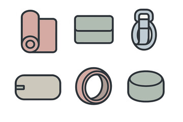 Minimalist collection of fitness and yoga equipment symbols in soft pastel colors