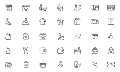 Shopping mall vector icon set, including supermarket, department store, escalator, cashier, shopping cart, clothing, payment, food court, credit card, gift shop, fashion, customer, and more