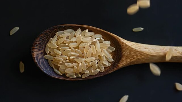 Video clip A wooden spoon filled with cooked rice, perfect for serving or portioning out meals