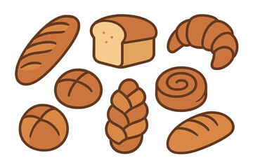 Assortment of fresh bakery items including sliced sandwich loaf, baguette, croissant, and dinner rolls