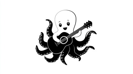 Cartoon octopus playing guitar black and white illustration on white