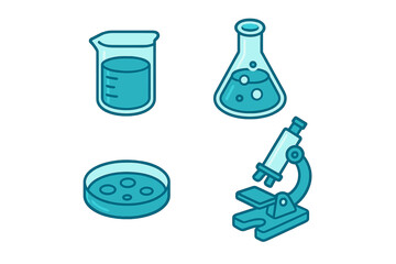 Essential laboratory equipment featuring beaker, conical flask, petri dish, and microscope