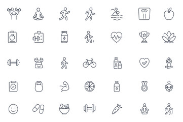 Fitness and diet vector icon set with yoga, gym, running, stretching, cardio, workout gear, supplements, heart rate, wellness, and weight loss illustrations for healthy lifestyle design, sport icons
